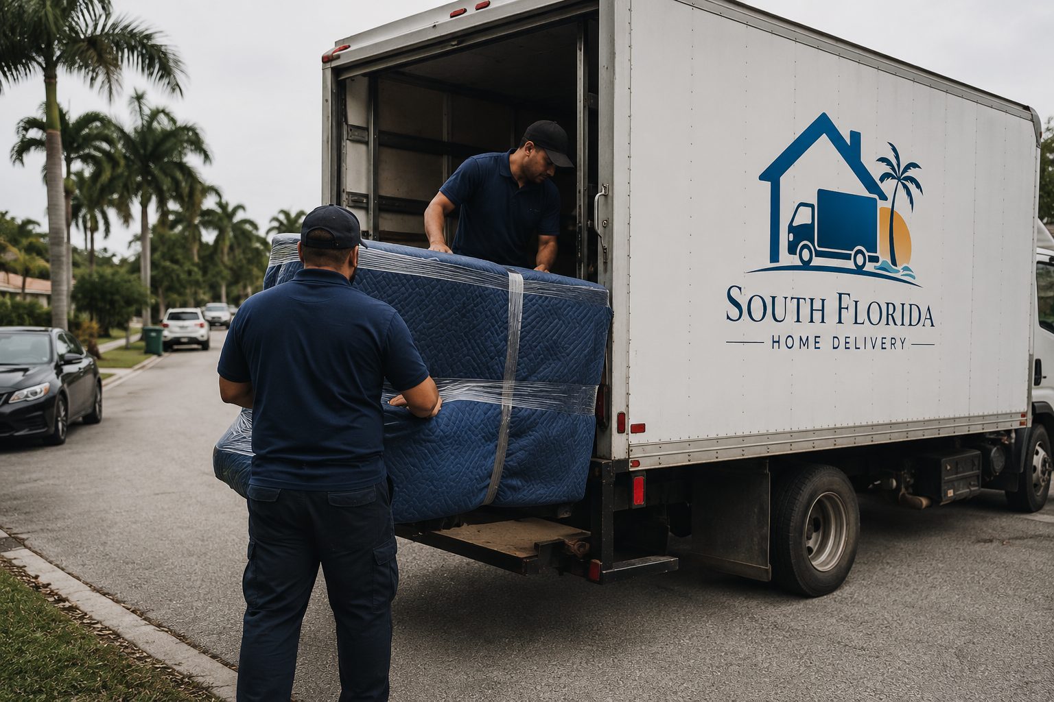 Equipo cargando muebles en el camión de reparto