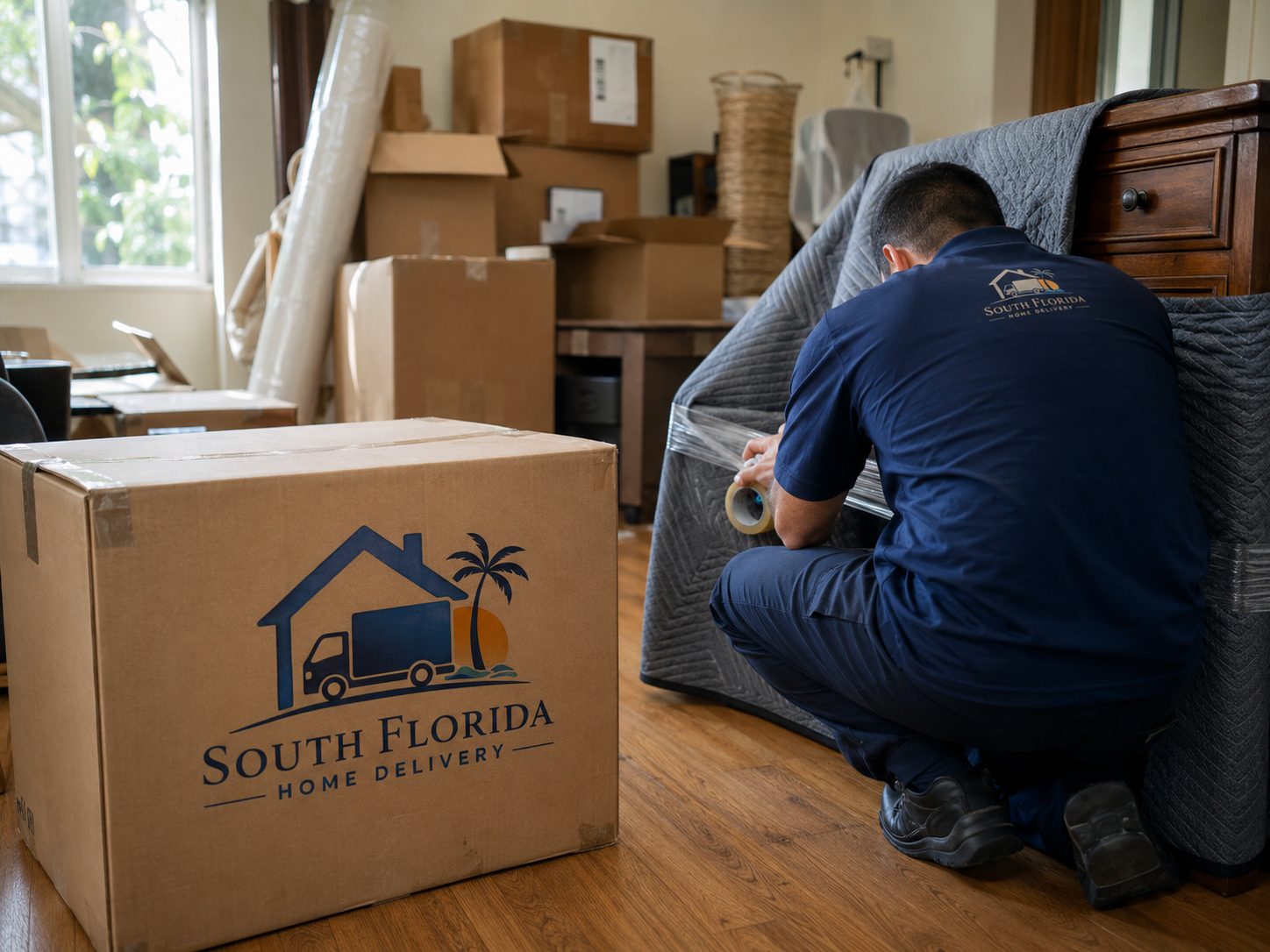 Equipo de mudanzas de South Florida Home Delivery protegiendo muebles en el sur de Florida